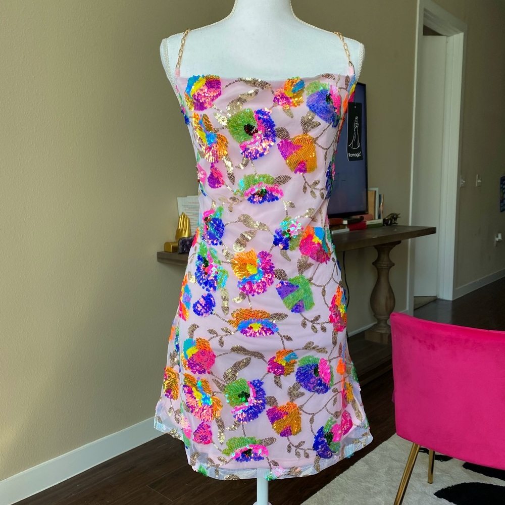 Pink Sequin Backless Slip Mini Dress